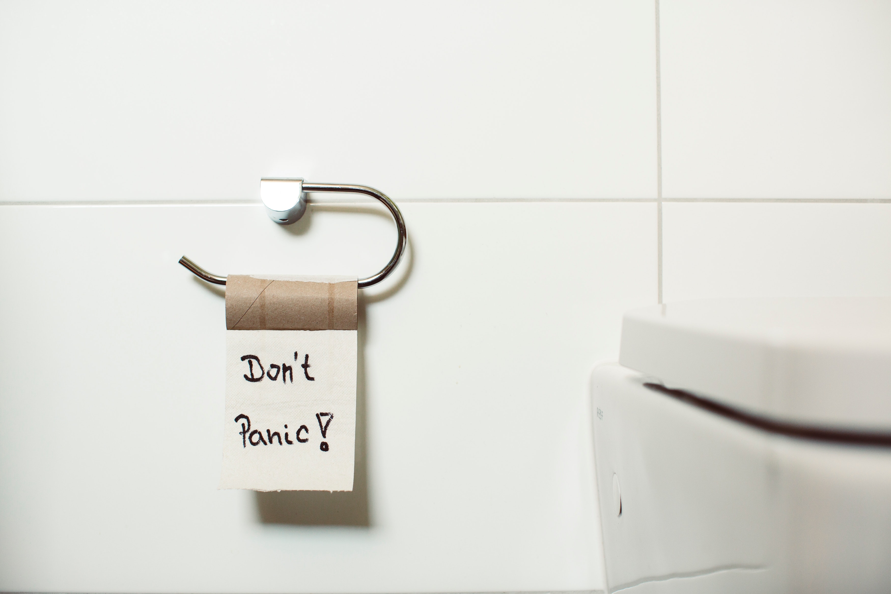 An almost finished toilet roll with the the text ’Don’t panic!’ written on the last sheet.