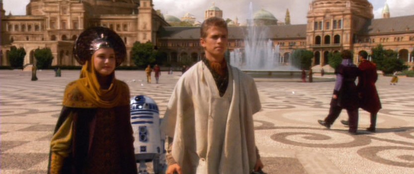 A shot of Padme and Anakin with the building and fountain in the backdrop